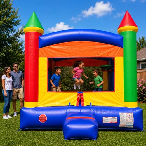 Crossover Classic Rainbow Castle Inflatable Bounce House for Kids and Toddlers, 13 x 12 x 14.5 Foot Bouncy Jump Castle Backyard Jumper, Commercial-Grade Vinyl, with Blower, Stakes and Storage Bag